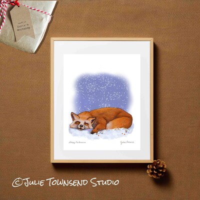 ART PRINT - SWEET FOX DREAMS - A Whimsical Drawing of a Sleeping Fox - Art for the Winter Season - Brighten Any Room for the Holidays - image2